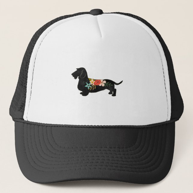 WirehaWired Dachshund Bohemian Floral Silhouette Trucker Hat (Front)
