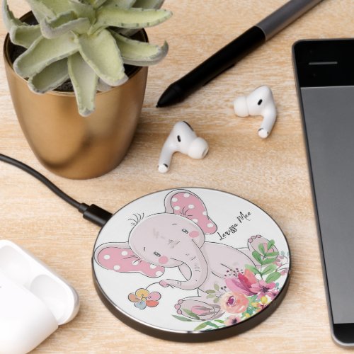 Wireless Charger Pink Floral Elephant 