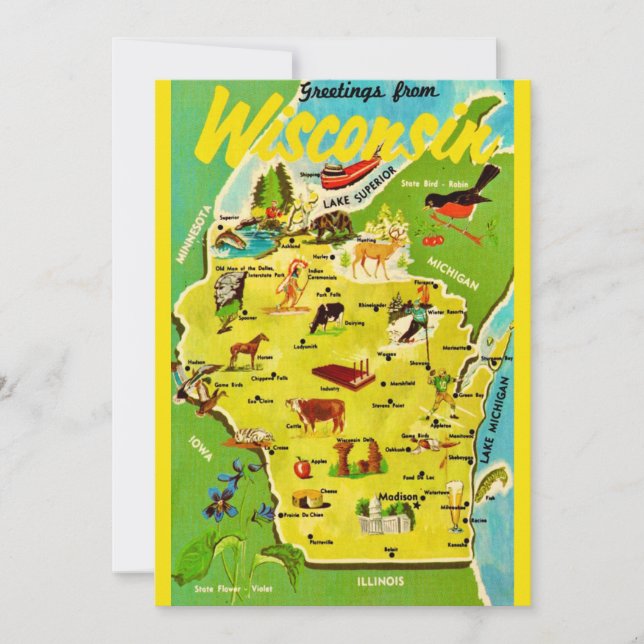 Wisconsin 5x7 Map Vintage Postcard (Front)