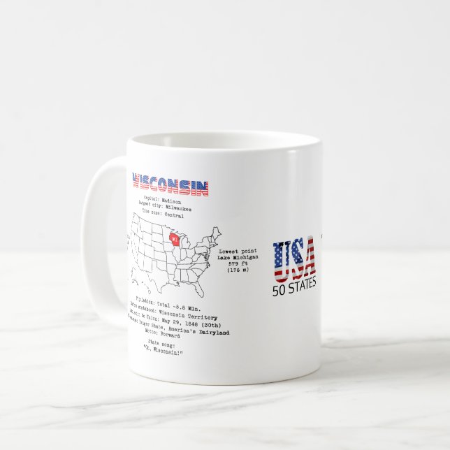 Wisconsin American state on a map and useful info Coffee Mug (Front Left)