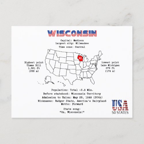 Wisconsin American state on a map and useful info Holiday Postcard