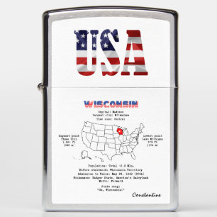 Wisconsin American state on a map and useful info Zippo Lighter