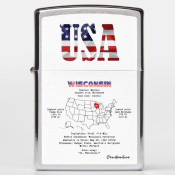 Wisconsin American State On A Map And Useful Info Zippo Lighter by DigitalSolutions2u at Zazzle