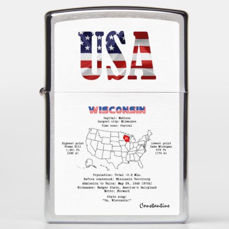 Wisconsin American State On A Map And Useful Info Zippo Lighter