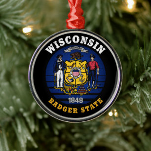 WISCONSIN BADGER STATE FLAG METAL ORNAMENT