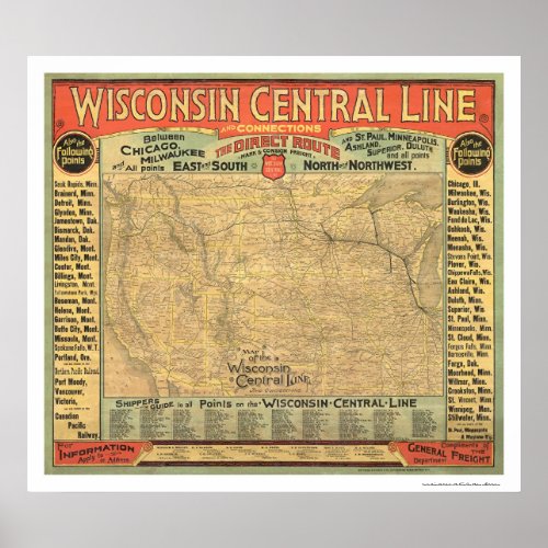 Wisconsin Central Railroad Map 1882 Poster