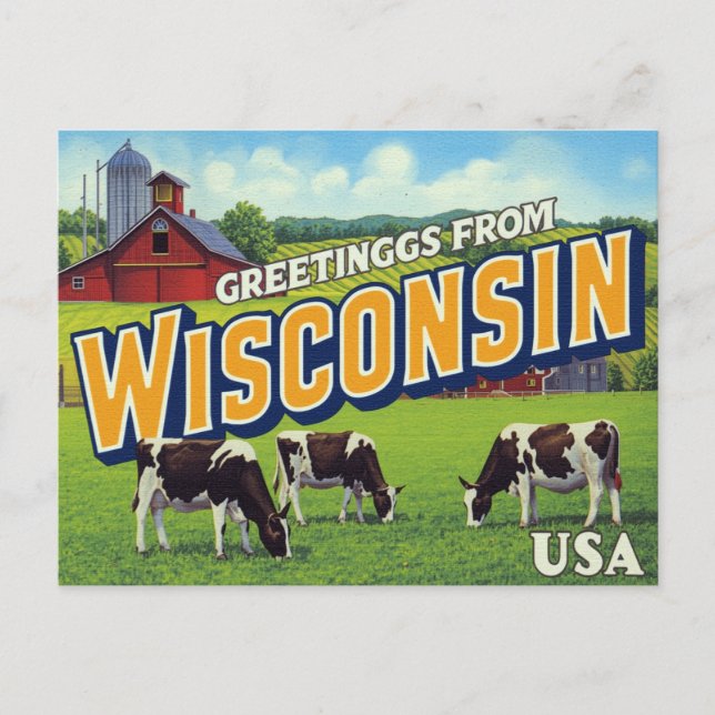Wisconsin Dairy Farm Cows Greetings Postcard (Front)