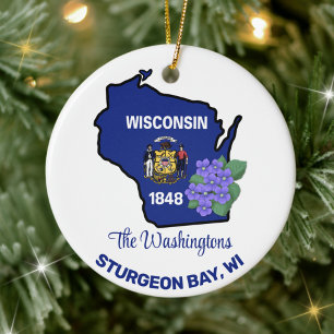 Wisconsin Flag & Flower Blue Violet Custom Name Ceramic Ornament