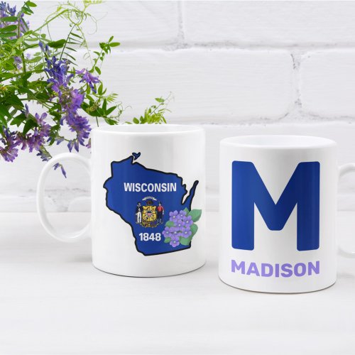 Wisconsin Flag  Flower Blue Violet Custom Name Coffee Mug