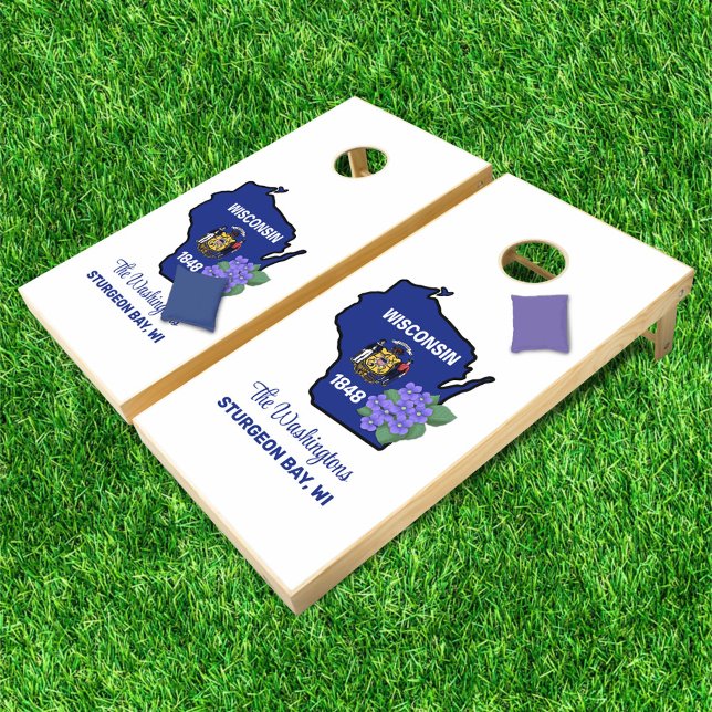 Wisconsin Flag & Flower Blue Violet Custom Name Cornhole Set (Creator Uploaded)