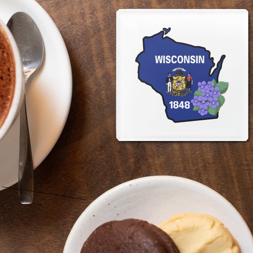 Wisconsin Flag  Flower Blue Violet Custom Name Glass Coaster