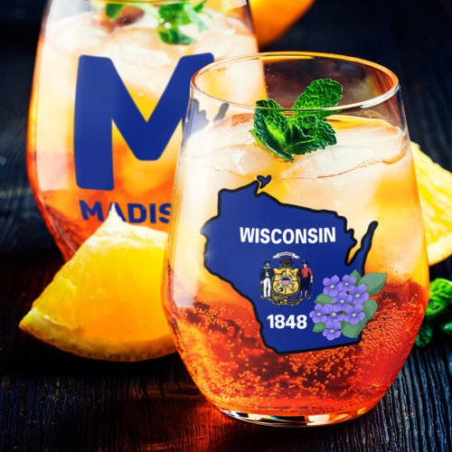 Wisconsin Flag  Flower Blue Violet Custom Name Stemless Wine Glass