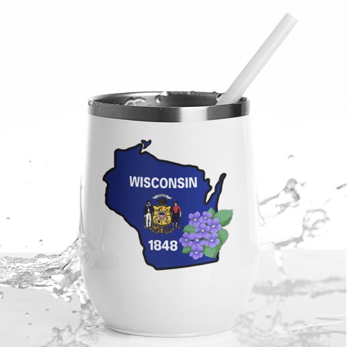 Wisconsin Flag  Flower Blue Violet Custom Name Thermal Wine Tumbler