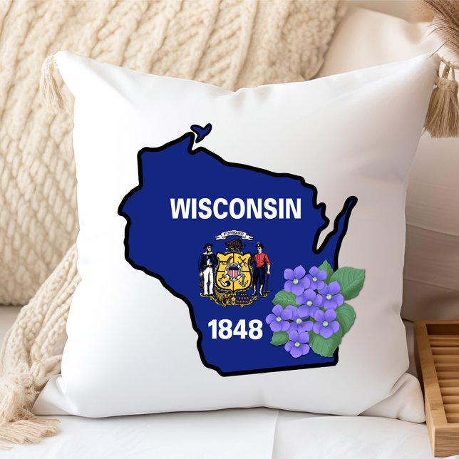 Wisconsin Flag & Flower Blue Violet Custom Name Throw Pillow (Creator Uploaded)