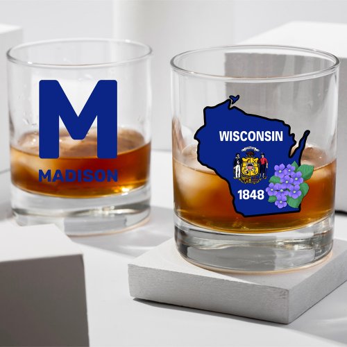 Wisconsin Flag  Flower Blue Violet Custom Name Whiskey Glass