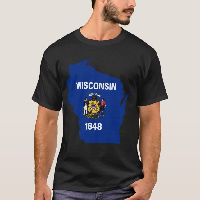 Wisconsin Flag Map, WI State Symbol Men Unisex TDZ T-Shirt (Front)