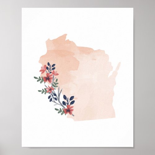 Wisconsin Floral Watercolor State Poster