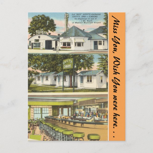 Wisconsin, Gest's Garage, Inn & Cabins, Madison Postcard (Front)