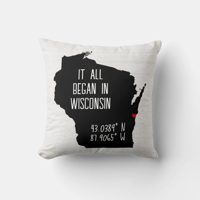 Wisconsin GPS Coordinates with Heart Throw Pillow (Front)