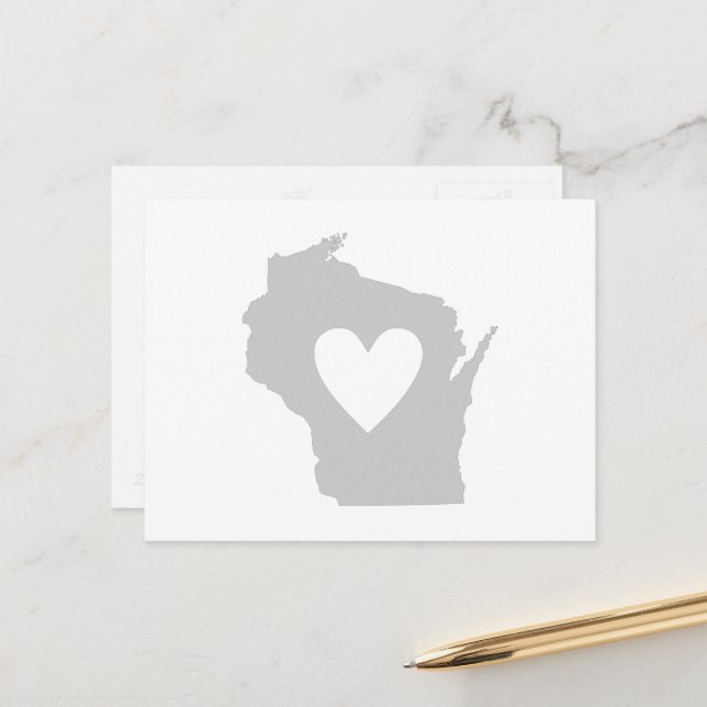 Wisconsin Gray State Map Shape with Heart Cutout Postcard (Front/Back In Situ)