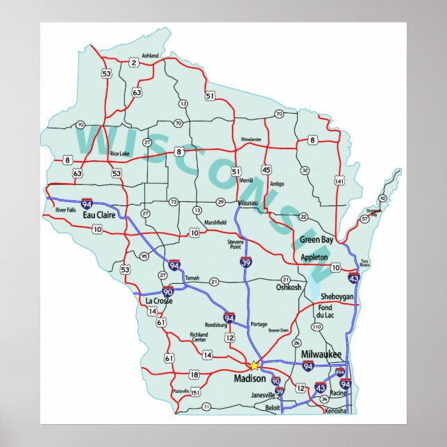 Wisconsin Interstate Map Print (Front)