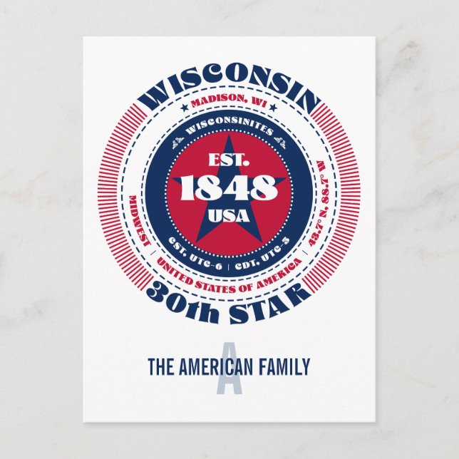Wisconsin, Madison, WI, Patriotic, Monogram Postcard (Front)
