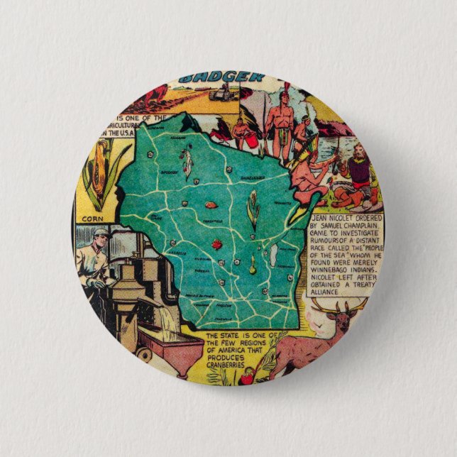 Wisconsin Map and Facts Pinback Button (Front)