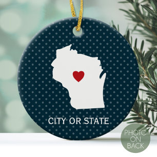 Wisconsin Map Home State Love Custom City Blue Ceramic Ornament