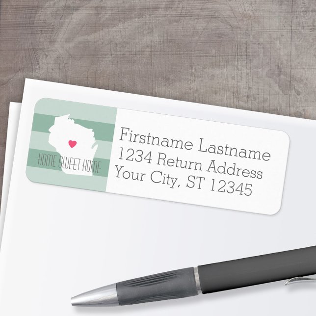 Wisconsin Map Home State Love with Custom Heart Label (Personalized Mailing Label with Return Address and State Map - Low Minimum)