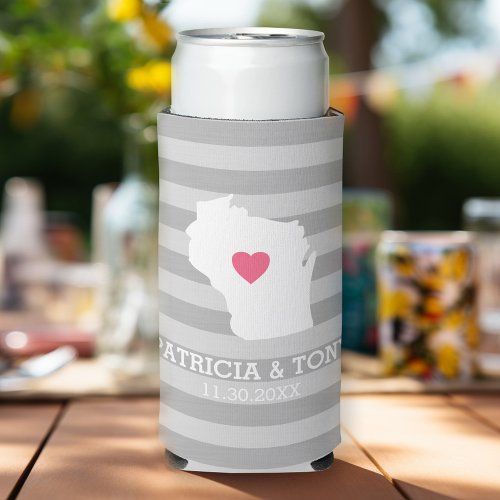 Wisconsin Map Home State Love with Optional Heart Seltzer Can Cooler