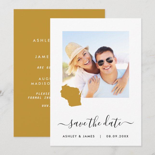 Wisconsin Map Photo Wedding Save the Date Card (Front/Back)