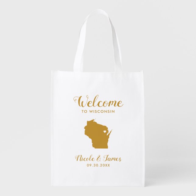 Wisconsin Map Wedding Welcome Bag, Gold Tote Bag (Front)