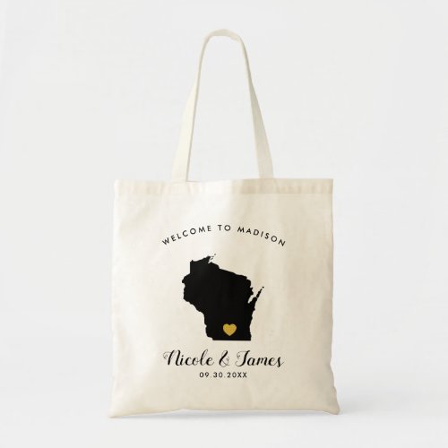 Wisconsin Map Wedding Welcome Bag Tote Black Gold