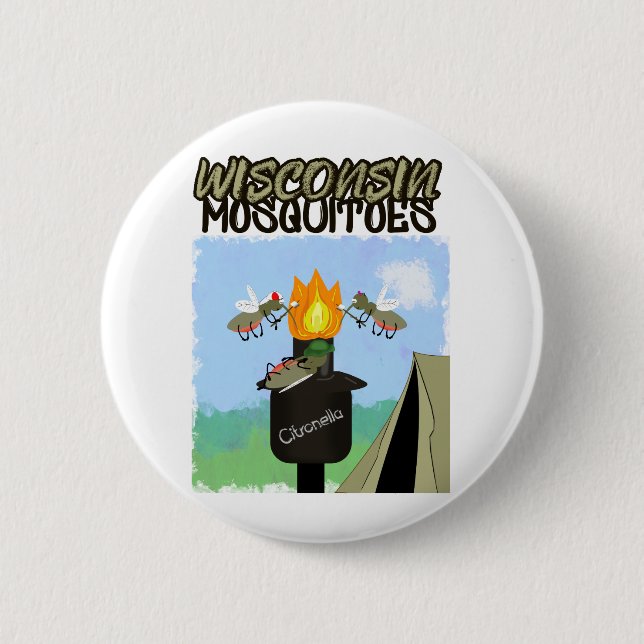 Wisconsin Mosquitoes Cartoon - Camping by Tiki Button (Front)