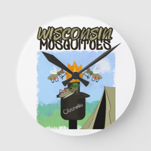 Wisconsin Mosquitoes Cartoon - Camping by Tiki Round Clock