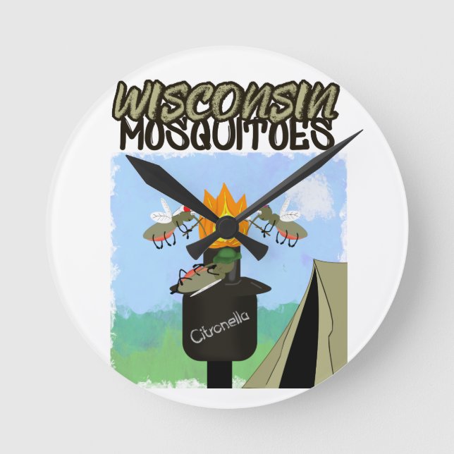 Wisconsin Mosquitoes Cartoon - Camping by Tiki Round Clock (Front)