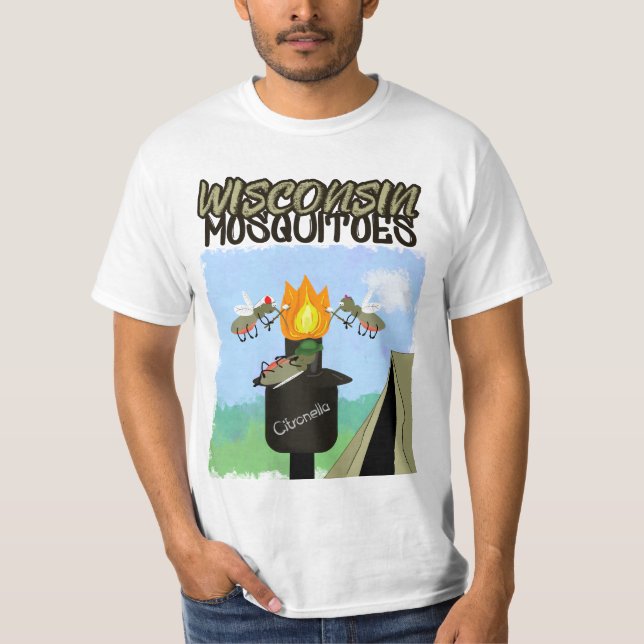 Wisconsin Mosquitoes Cartoon - Camping by Tiki T-Shirt (Front)