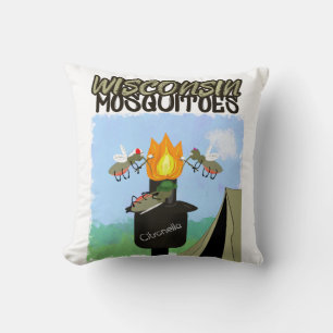 Wisconsin Mosquitoes Cartoon - Camping by Tiki Throw Pillow