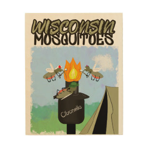 Wisconsin Mosquitoes Cartoon - Camping by Tiki Wood Wall Art