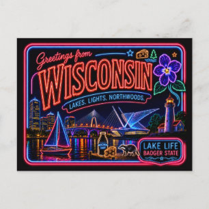 Wisconsin Neon State Retro Vintage Postcard