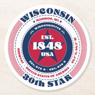 Wisconsin Red White Blue Typography Round Paper Coaster