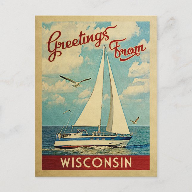 Wisconsin Sailboat Vintage Travel Postcard (Front)