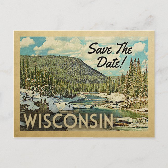 Wisconsin Save The Date Postcards – Snowy Mountain Vintage Announcement