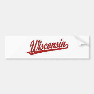 Wisconsin script logo in red bumper sticker