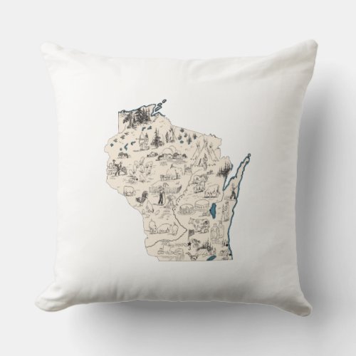 Wisconsin Shaped Vintage Picture Map Antique Chart Throw Pillow