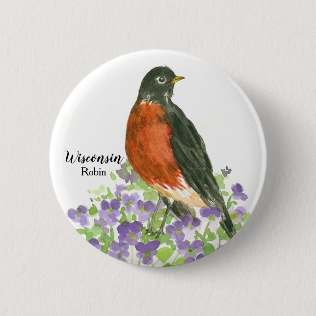 Wisconsin Souvenir American Robin Purple Violets  Pinback Button (Front)