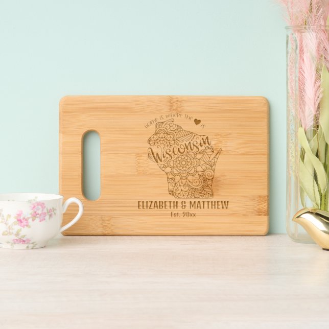 Wisconsin state map outline newly weds USA Engraved Cutting Board (Upright)