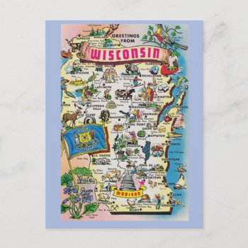 Wisconsin State Map Postcard by normagolden at Zazzle