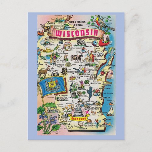 Wisconsin State Map Postcard