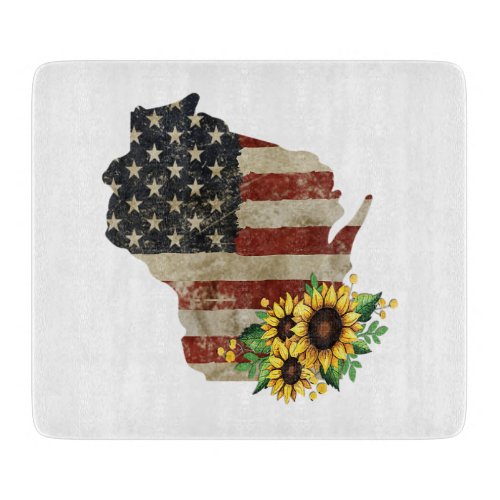 Wisconsin State Map US Flag Sunflower Glass Cutting Board